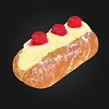 Delicious Eclair Pastry With Yellow Cream And Red Cherries On Black Background