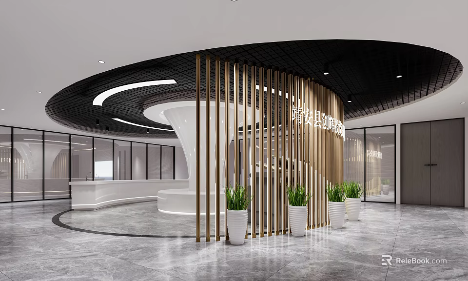 Modern Reception Area With Curved White Front Desk Gold Vertical Screen And Green Plants 3d model 