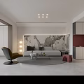 Modern Living and Dining Room Interior With Open Layout Marble Wall And Dining Furniture