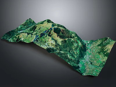 3D Topographic Terrain Model With Mountainous Landscape Green Vegetation And Blue Water Bodies 3d model