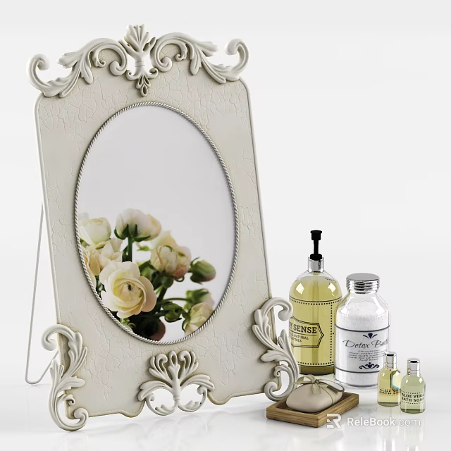 Ornate White Oval Mirror With Vintage Frame Reflecting White Flowers And Perfume Bottles 3d model 