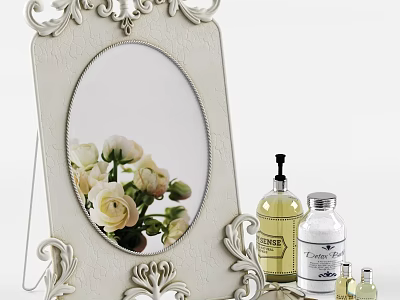 Ornate White Oval Mirror With Vintage Frame Reflecting White Flowers And Perfume Bottles 3d model