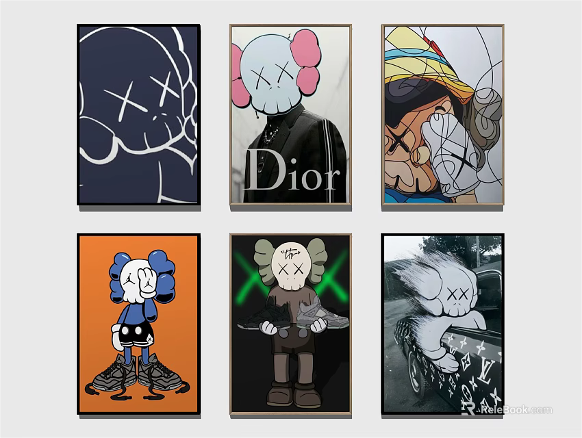 Trendy Colorful Cartoon Wall Art With Kaws Style XX Eyes Character Different Designs 3d model 