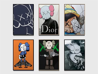 Trendy Colorful Cartoon Wall Art With Kaws Style XX Eyes Character Different Designs 3d model