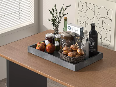 Assorted Food Tray With Fresh Apples Bread Rolls Jam Jars Olive Oil And Red Wine 3d model