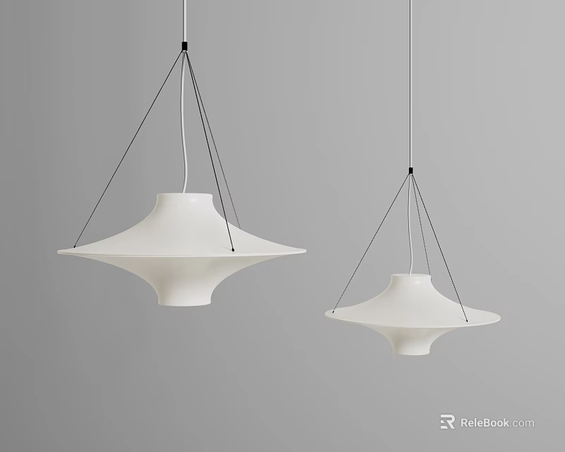 Two Modern White Disc Shaped Chandeliers Hanging With Black Cords On Grey Background 3d model 