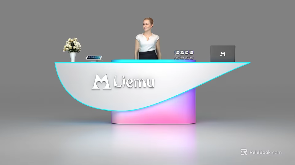 Curved Reception Desk With LED Lighting Pink Purple Flower Vase Tablet Laptop And Receptionist 3d model 