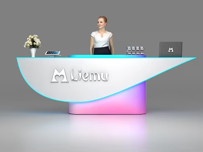 Curved Reception Desk With LED Lighting Pink Purple Flower Vase Tablet Laptop And Receptionist 3d model