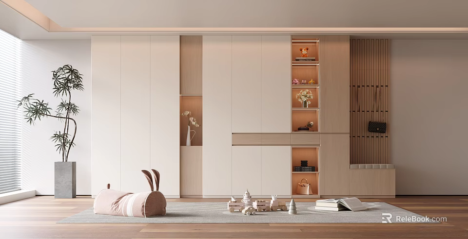 Modern Wooden Shoe Cabinet With White Doors And Open Storage Shelves In Minimalist Interior 3d model 