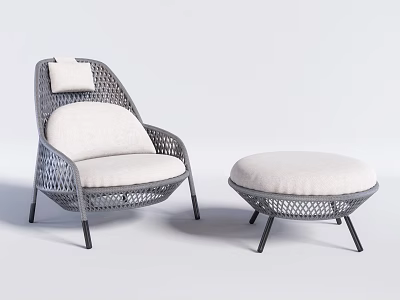 Elegant Rattan Leisure Chair with White Cushion and Matching Ottoman 3d model