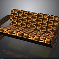 Wooden Frame Sofa With Orange Brown Swirl Pattern Upholstery And Armrests