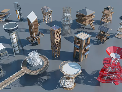 Diverse Towers Showcasing Modern And Traditional Designs With Wooden Metal And Geometric Structures 3d model