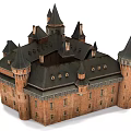 Historic Ancient Castle Architecture With Pointed Towers Red Brick Walls And Gray Roofs