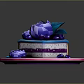 Sliced Purple Blue Layered Cake With Purple Flower Decoration On Pink Plate And Blue Berries