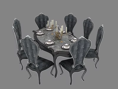 Ornate Round Dining Table Set With Six Carved Chairs And Candlestick Tableware 3d model