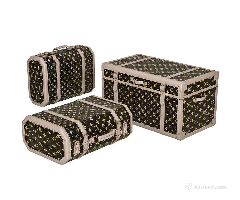 Vintage Black Luggage with Gold Patterns Metal Locks and Borders Three Pieces 3d model 