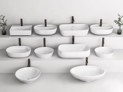 Various Shapes of White Washbasins Displayed on Shelves with Black Taps and Small Plants 3d model