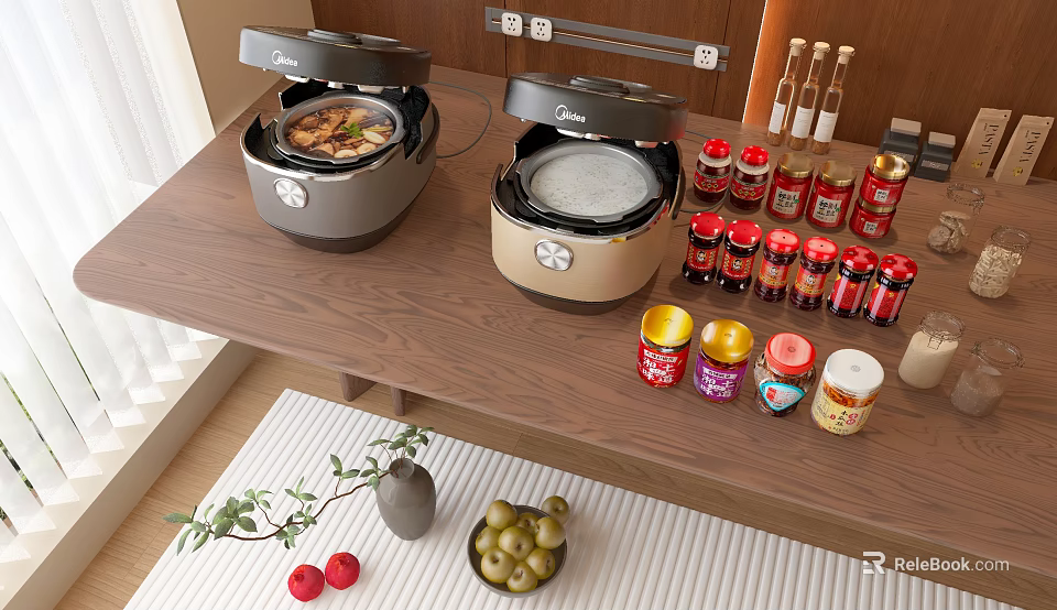 Two Modern Rice Cookers On Wooden Countertop With Condiments Jars In Kitchen 3d model 