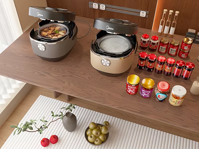 Two Modern Rice Cookers On Wooden Countertop With Condiments Jars In Kitchen 3d model