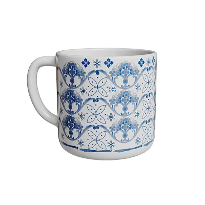 Elegant Blue And White Patterned Ceramic Mug With Floral Star Motifs 3d model