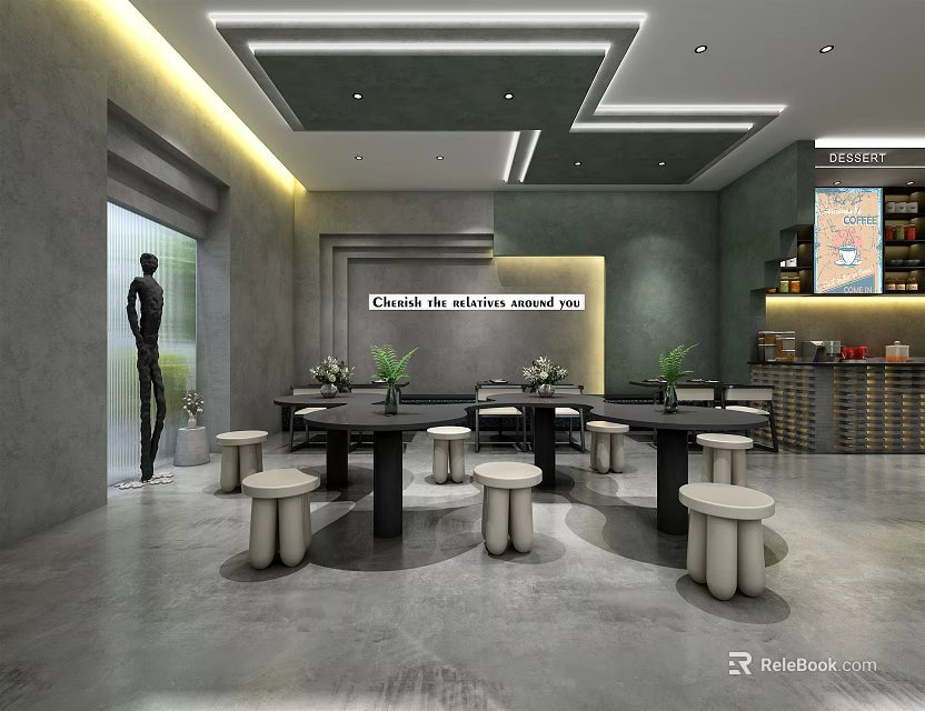 Modern Open Space Cafe Interior With Black Tables White Stools And Green Plants 3d model 