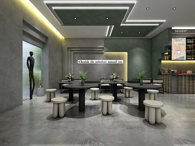 Modern Open Space Cafe Interior With Black Tables White Stools And Green Plants 3d model