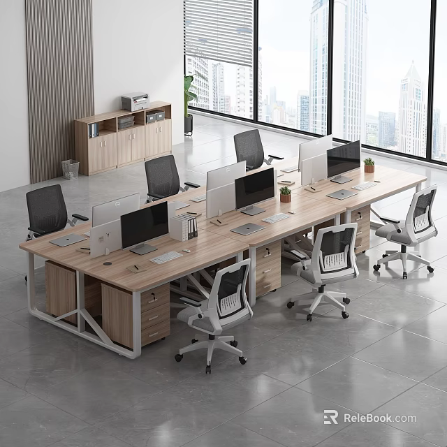 Modern Public Office Space Featuring Long Desk Office Chairs Computers Plants And City View Windows 3d model 