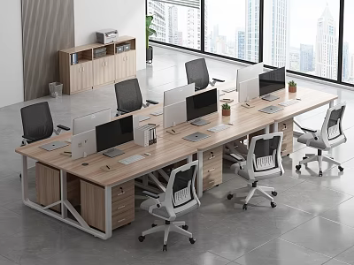 Modern Public Office Space Featuring Long Desk Office Chairs Computers Plants And City View Windows 3d model