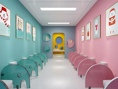 Kindergarten Corridor With Colorful Walls Cartoon Portraits Kids Toilets Yellow Door And Round Windows 3d model