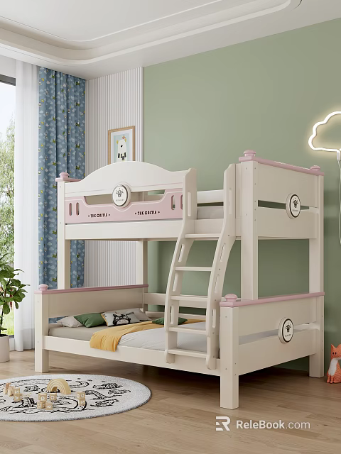 Cute Kids Bedroom Bunk Bed Design With White Pink Frame Ladder And Safety Rail 3d model 