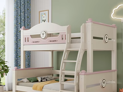 Cute Kids Bedroom Bunk Bed Design With White Pink Frame Ladder And Safety Rail 3d model