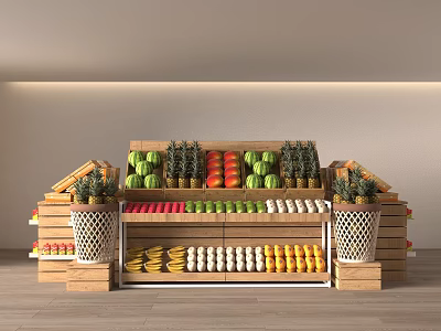 Natural Wooden Layered Fruit Shelves With Fresh Watermelons Apples Bananas And Pineapples 3d model