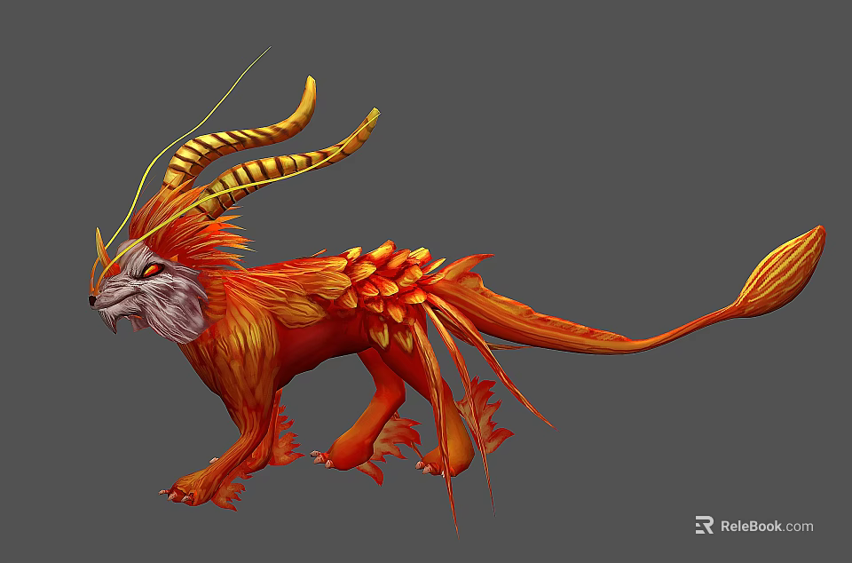 Mythical Fantasy Game Character With Orange Red Feathery Body Golden Horns And Long Tail 3d model 