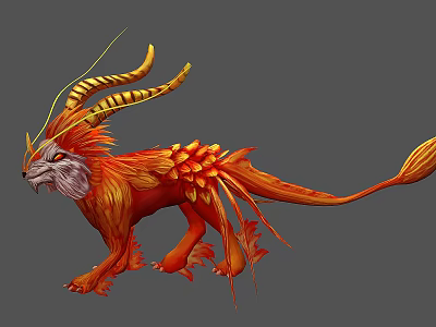 Mythical Fantasy Game Character With Orange Red Feathery Body Golden Horns And Long Tail 3d model