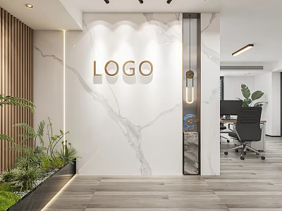 Modern Reception Desk Design With Marble Wall Logo Sign Green Plants And Wooden Accents 3d model