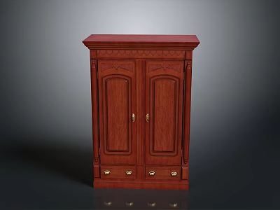 Red Wooden Cabinet With Carved Details Golden Handles And Bottom Drawers 3d model