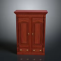 Red Wooden Cabinet With Carved Details Golden Handles And Bottom Drawers