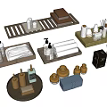 Stylish Household Items Collection With Wooden Trays Aromatherapy Bottles Golden Accessories And Storage Boxes