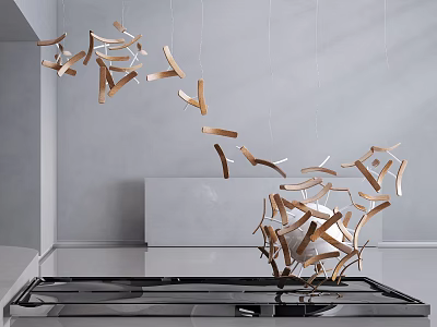 Abstract Hanging Wooden Strip Sculpture In Modern Space With Dynamic Artistic Design 3d model