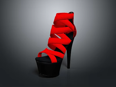 Red High Heel Shoes With Strappy Design And Black Platform Sole 3d model