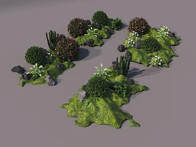 Micro Landscape Design With Green Vegetation Bushes Flowers And Stones 3d model
