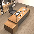 Modern Wooden Office Desk With Table Lamp Tablet Documents Black Chair And Wooden Floor