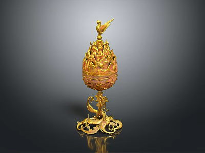 Golden egg shaped decorative ornament set with bird on top and intricate base design 3d model