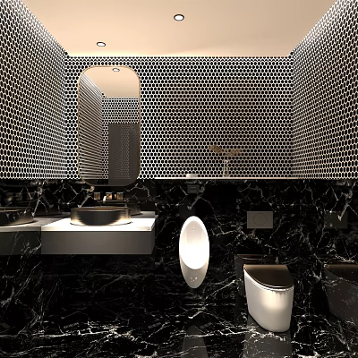 Modern Bathroom Interior Design With Hexagon Tiles Large Mirror Marble Countertop And Toilet 3d model