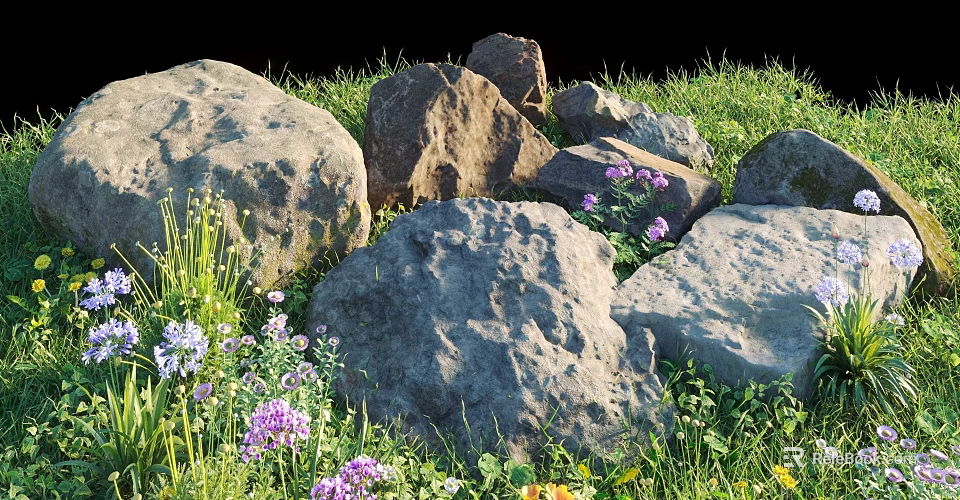 Lush Ground Cover Plants Featuring Green Grass Purple White Flowers And Large Rocks 3d model 