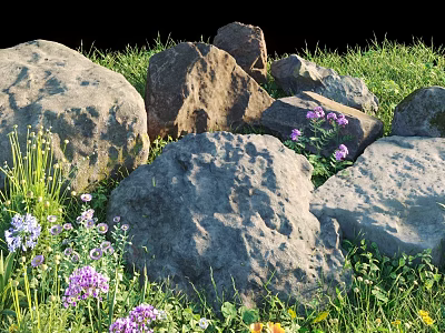 Lush Ground Cover Plants Featuring Green Grass Purple White Flowers And Large Rocks 3d model