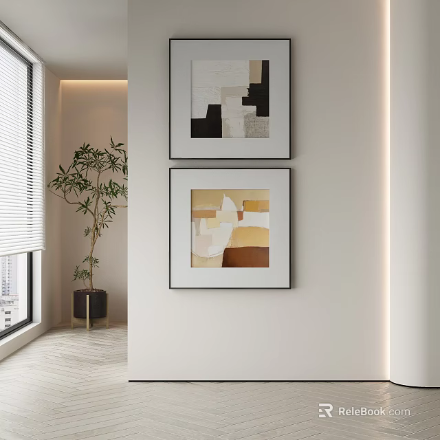 Abstract Paintings Hung On Wall In Modern Interior With Minimalist Frames And Soft Lighting 3d model 