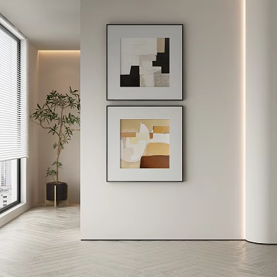 Abstract Paintings Hung On Wall In Modern Interior With Minimalist Frames And Soft Lighting 3d model
