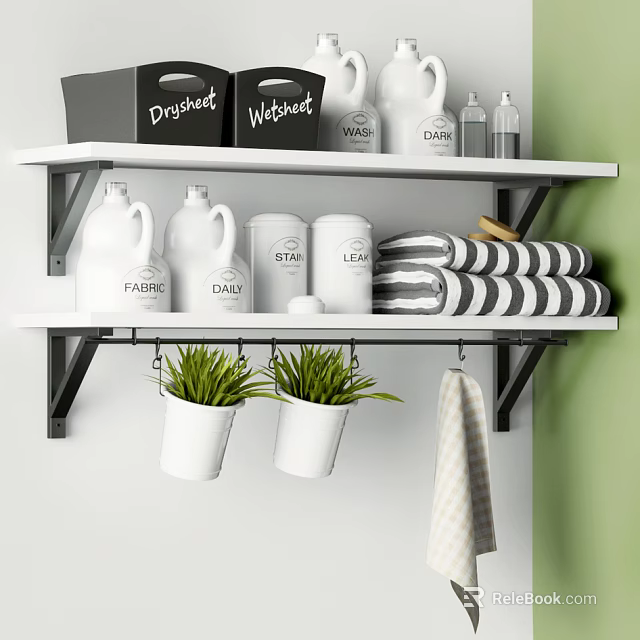 Organized White Wall Cabinets With Cleaning Supplies Towels And Hanging Plants 3d model 