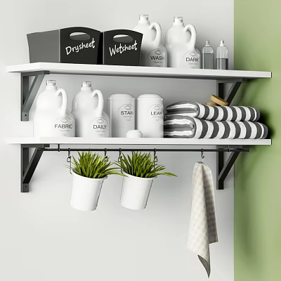 Organized White Wall Cabinets With Cleaning Supplies Towels And Hanging Plants 3d model